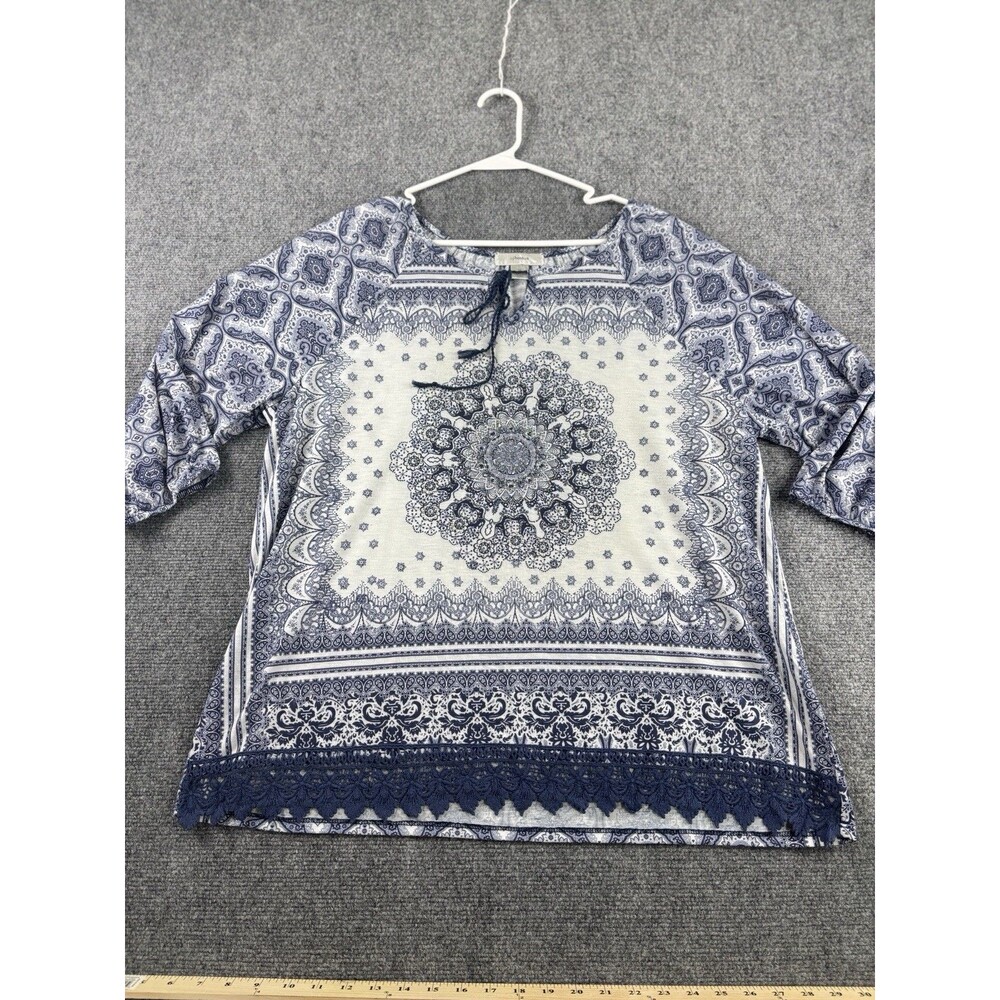 CJ Banks Top 1X Blue White Bandana Medallion Lace Trim Peasant Blouse